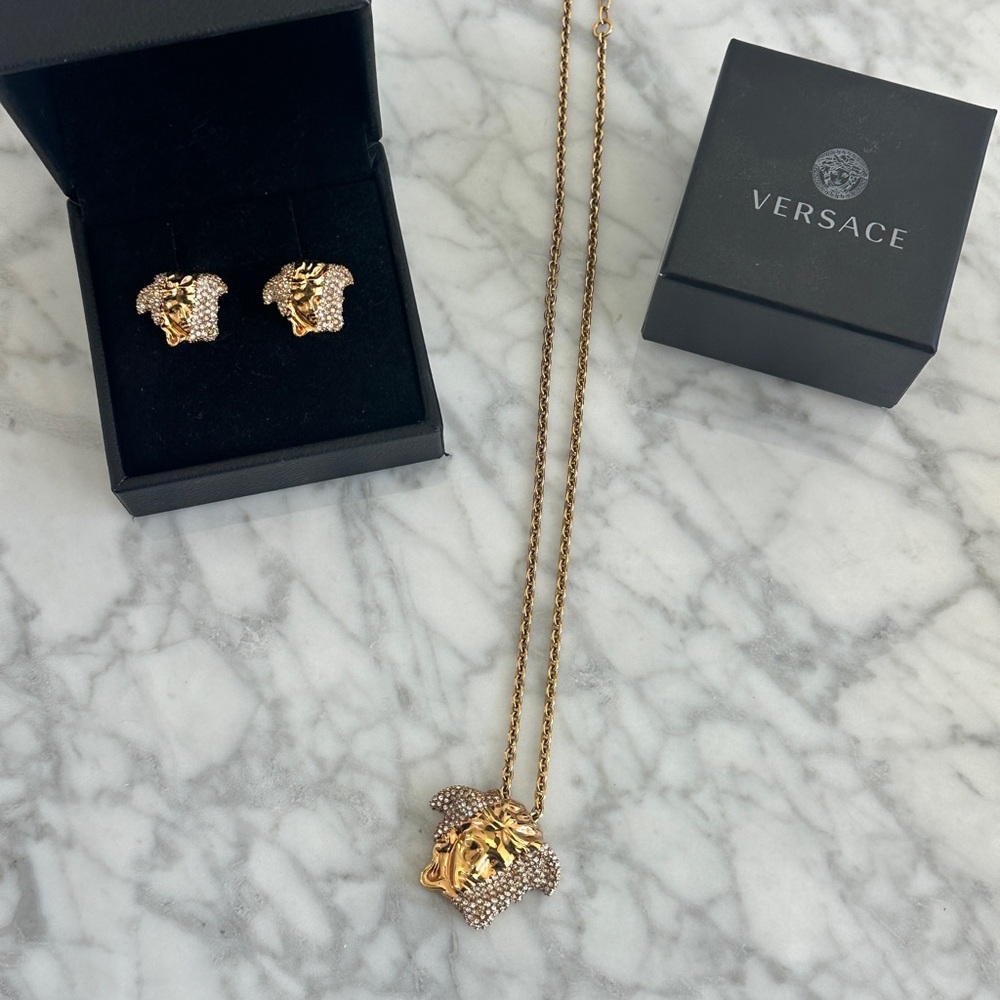 Versace Gold and Silver Medusa Necklace earrings set authentic designer jewelry